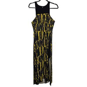 Milly Women's Black Yellow Geometric Fitted Bodycon Midi Dress Size Small Slits